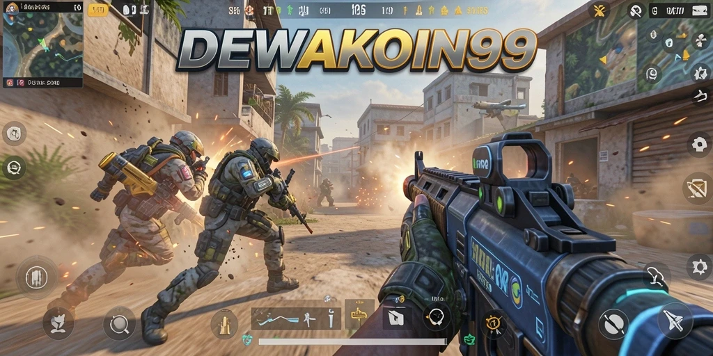 Screenshot utama DEWAKOIN99 menampilkan aksi pertempuran FPS yang menegangkan.